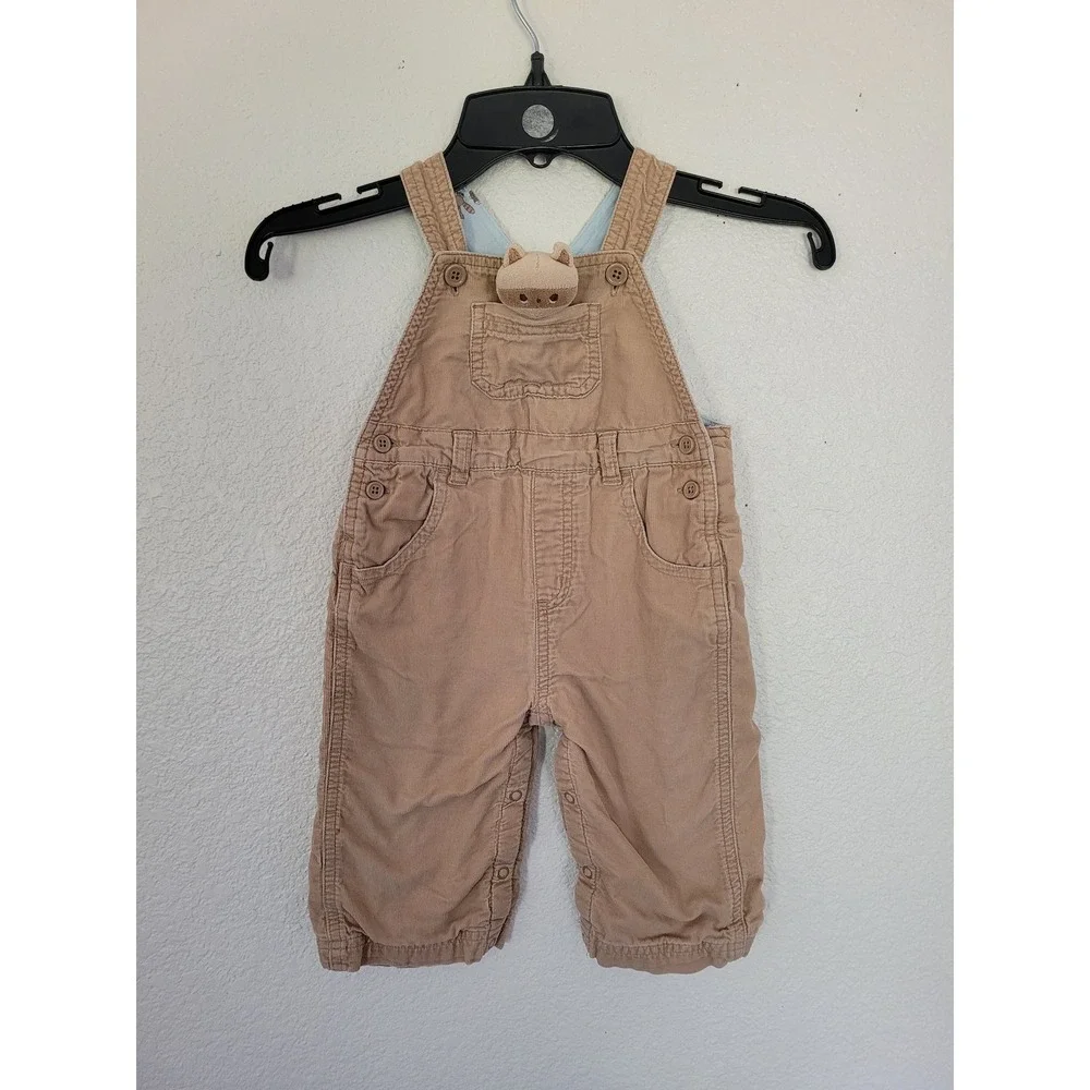Gymboree Vintage 2004 Tan Corduroy Raccoon Plush Overalls 6-12 M 100% Cotton #10
